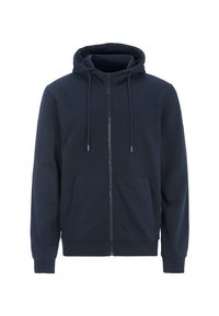 Mörkblå zip-up hoodtröja i mjukt tyg, med en kenguruficka, dragsko i huooden och ribbade ärmslut och nederkant.