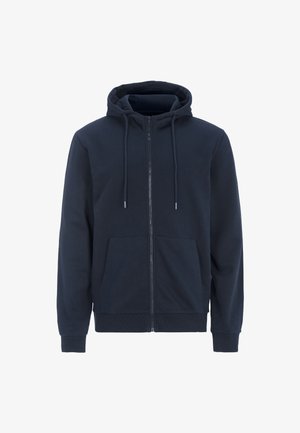 Marineblå zip-up hætte-trøje lavet af blødt stof, med en kengurulomme, snoretræk i hætten og ribbede manchetter og kant.