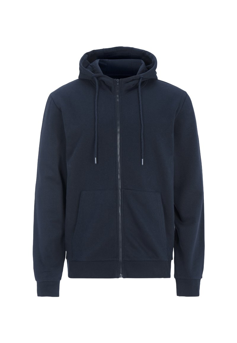 Mörkblå zip-up hoodtröja i mjukt tyg, med en kenguruficka, dragsko i huooden och ribbade ärmslut och nederkant.
