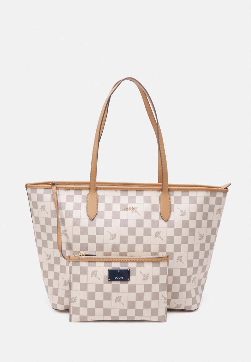 Tote-väska i beige och krämfärgade rutmönster, med läderdetaljer och dubbelhandtag. En mindre matchande påse ingår.