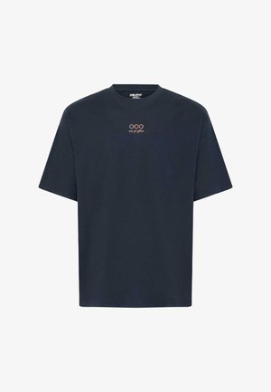 Navy blue short-sleeve t-shirt with small beige text "OOO out of office" centered below the neckline.
