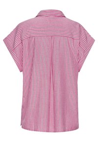 Pink and white striped short-sleeve shirt with a collar, featuring a straight cut and a back yoke detail. Soft, lightweight fabric.