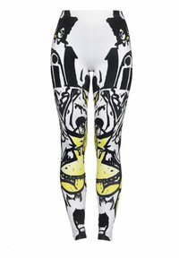 Dopasowane legginsy z graficznym nadrukiem w kolorach czarnym, żółtym i białym. Wzór obejmuje wyraziste figury i abstrakcyjne kształty.