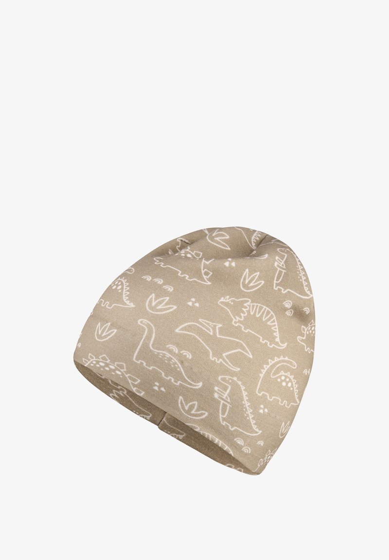 Beige Stoffmütze mit weißen Dinosaurier-Mustern und Pflanzmotiven. Weiche Textur, runde Form und gestepptes Detail an der Naht.