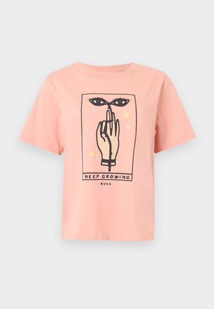 Light pink T-shirt with a graphic of a hand pointing upwards beneath stylized eyes and stars, text "KEEP GROWING" and "RVCA".