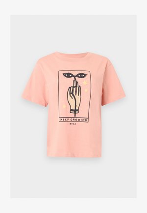 Light pink T-shirt with a graphic of a hand pointing upwards beneath stylized eyes and stars, text "KEEP GROWING" and "RVCA".