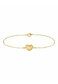 Goldene Kettenarmband mit einem herzförmigen Charm, der eine glatte Oberfläche und eine gewellte Kante hat. Mit einem Verschluss an einem Ende.