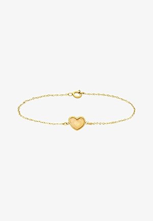 Gold chain bracelet featuring a heart-shaped charm with a smooth surface and scalloped border. Clasp closure at one end.