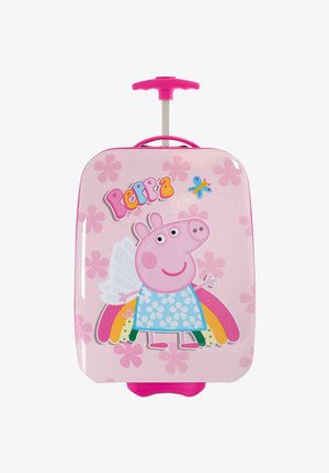 Maleta infantil rosa con gráfico de Peppa Pig, flores, lunares en un vestido azul, asa retráctil y acentos coloridos.