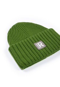 Green ribbed knit beanie with folded cuff and a gray square patch labeled "R #1839" on the front.