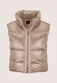 Beige Steppweste mit hohem Kragen, vorderem Reißverschluss und gesteppten Einsätzen. Glattes, glänzendes Material mit leichtem Design.