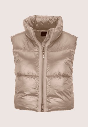 Beige gewatteerde gouden vest met een hoge kraag, een rits aan de voorkant en gestiktepanelen. Glad, glanzend materiaal met een lichtgewicht ontwerp.