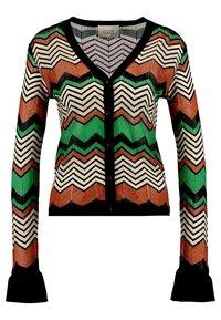 Långärmad stickad cardigan med svart kant och zigzagmönster i grönt, orange, kräm och svart.