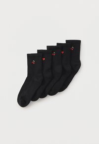 Viie musta puuvillase sukakomplekt, millel on sooniline muster ja tikitud punased kirsid ning südamed igal sukas.
