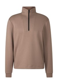 Hnědý svetřík s polovičním zipem u límce, s měkkou texturou, dlouhými rukávy a rovný lem. Minimalistický design bez vzorů.