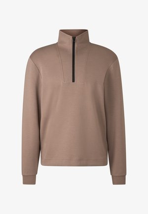 Brown pullover with a half-zip collar, featuring a soft texture, long sleeves, and a straight hem. Minimalist design with no patterns.