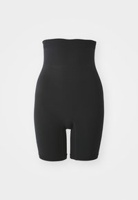 Høyt midjebelte sorte shapewear-shorts med glatt tekstur, som har en sømløs design og åpen skritt for enkelhet.
