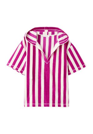 Short-sleeve, purple and white vertical striped shirt with open collar and V-neck design, laid flat on a white background.