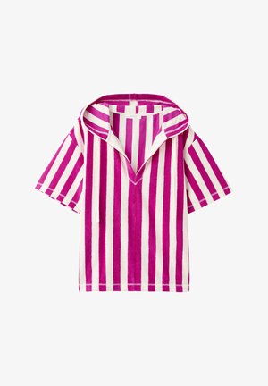 Short-sleeve, purple and white vertical striped shirt with open collar and V-neck design, laid flat on a white background.