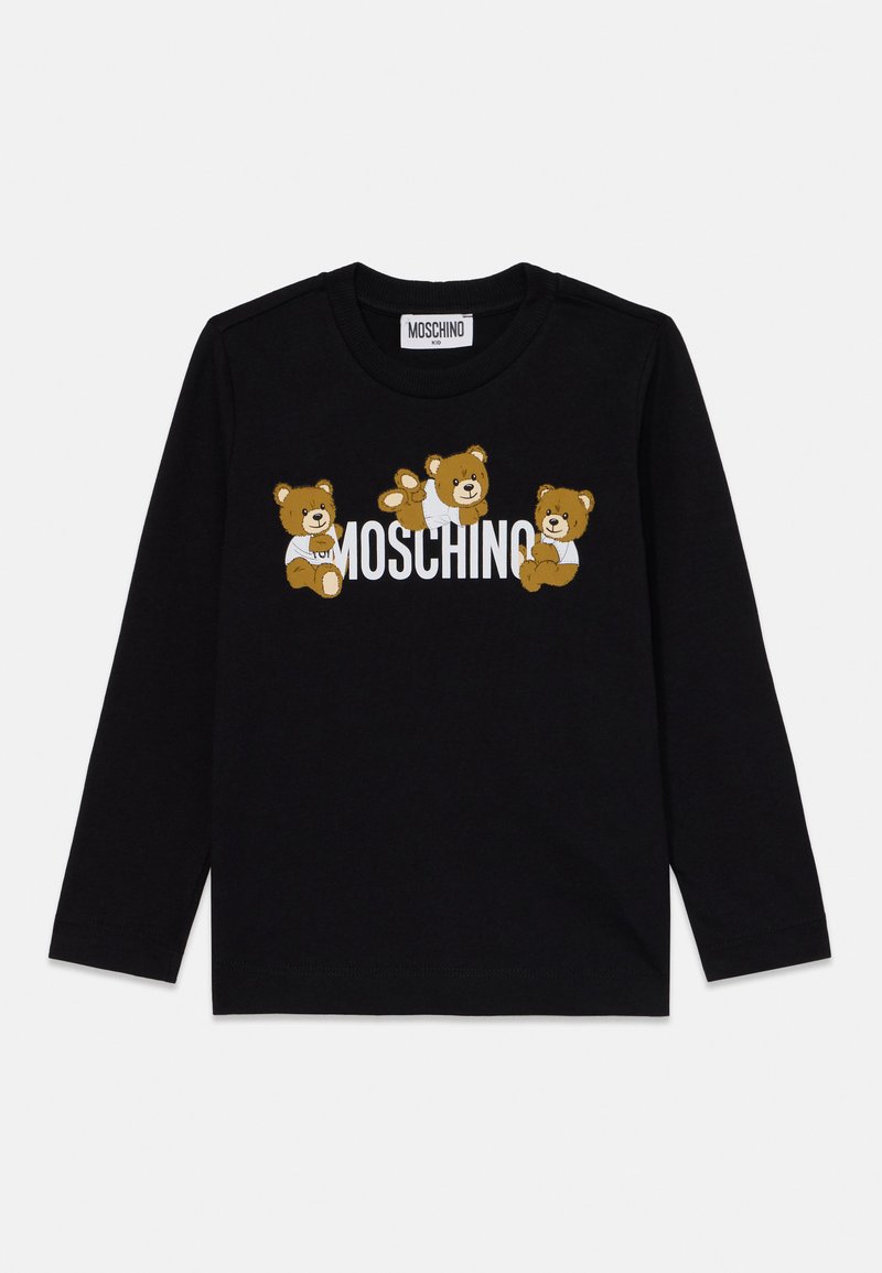 Camisa negra de manga larga con tres osos de dibujos animados y la palabra "MOSCHINO" en blanco. Confeccionada con tejido suave y diseño de cuello redondo.