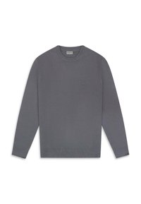 Grauer Strickpullover mit langen Ärmeln, rundem Ausschnitt und einem kleinen, auf der Brust gestickten Logo. Glatte Textur und minimalistisches Design.