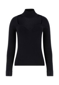 Schwarzer Langarm-Rollkragenpullover mit transparentem gepunktetem Yoke und mit Strasssteinen verzierten Ärmelbündchen.