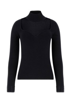 Zwarte coltrui met lange mouwen, doorschijnende gestippelde inzet bovenaan en strasversieringen op de mouwboorden.