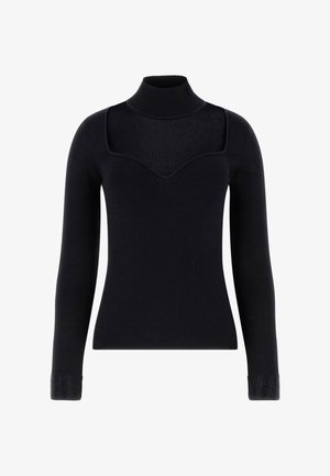 Zwarte coltrui met lange mouwen, doorschijnende gestippelde inzet bovenaan en strasversieringen op de mouwboorden.