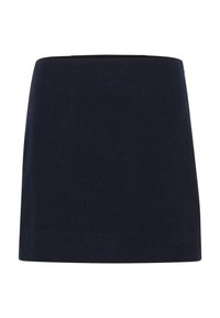 Jupe trapèze bleu marine foncé unie avec un design simple et épuré, sans motifs ni décorations visibles.