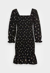 Czarna sukienka w kwiatowy wzór, kwadratowy dekolt, bufiaste rękawy, teksturowany materiał, falbaniasty dół i marszczenia w całej sukience.