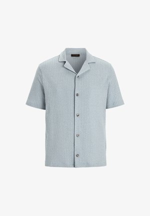 Ljusblå kortärmad skjorta i texturerat tyg, med krage och fem metallknappar framtill.