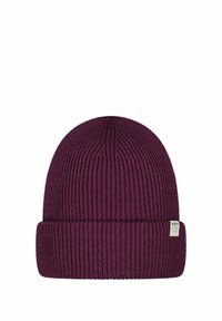 Maroon knit beanie with ribbed texture, featuring a folded cuff. Small label on the side with brand name and care instructions.