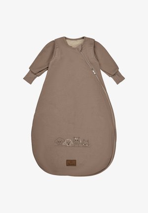 Brown cotton sleeping bag with long sleeves, featuring a side zipper and embroidered animal faces at the bottom. Waffle texture and soft lining.