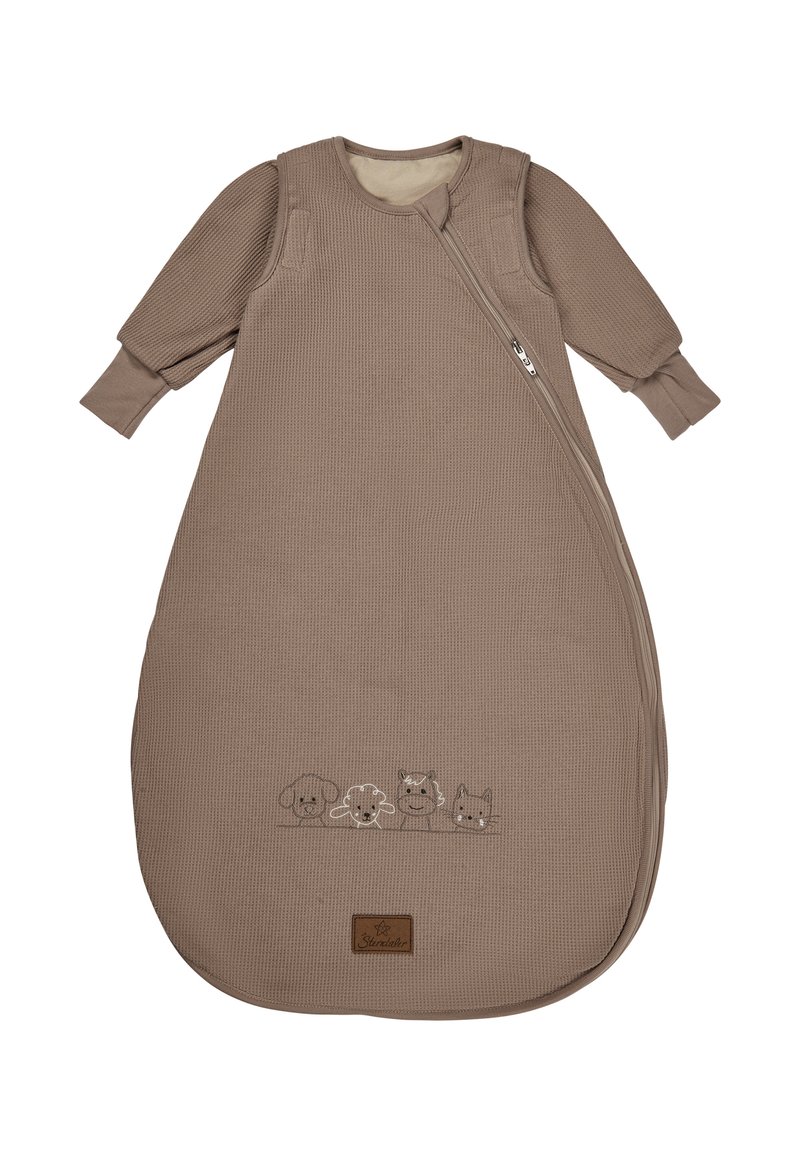 Brown cotton sleeping bag with long sleeves, featuring a side zipper and embroidered animal faces at the bottom. Waffle texture and soft lining.