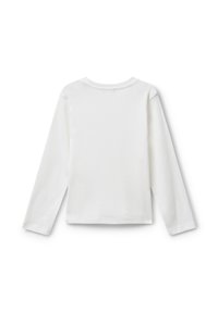 Schlichtes weißes Langarmshirt, von hinten gezeigt, mit rundem Ausschnitt und einfachem, klaren Design.