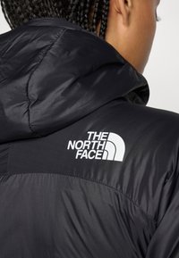 Osoba u crnoj izoliranoj jakni s kapuljačom, koja pokazuje bijeli logo The North Face na gornjem dijelu leđa.