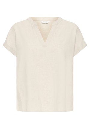 Blouse beige en lin à manches courtes, col en V et manches retroussées.