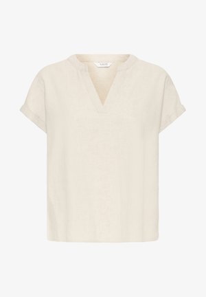 Beige Leinenbluse mit kurzen Ärmeln, V-Ausschnitt und aufgerollten Ärmeln.