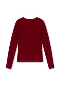 Rode geribbelde langemouwen top met een ronde halslijn. Heeft een eenvoudig ontwerp en een rechte zoom, gemaakt van zacht, textuurmateriaal.