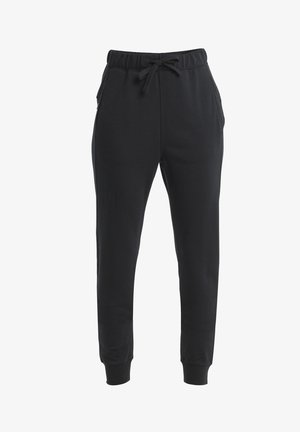 Black sweatpants made of soft fabric, featuring an elastic waistband with drawstring, side pockets, and cuffed ankles.