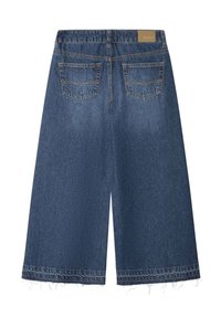 Shorts culotte in denim blu scuro con orlo sfrangiato, dotati di etichetta in vita e due tasche posteriori con dettagli di cucitura curvi.
