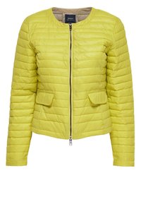 Quilted, cropped jacket in bright yellow. Features a round neckline, front zip closure, and two front pockets. Smooth texture.