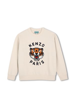 Sweat-shirt beige à manches longues avec un visage de tigre rugissant et le texte "Kenzo Paris" imprimé sur le devant.
