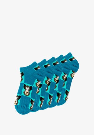 Turquoise ponožky do kotníků s vzorem zvířecích obličejů na kontrastním světle modrém pozadí, vyrobené z měkkého pleteného materiálu. Sada pěti.