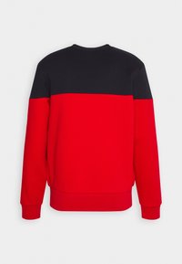 Sweat-shirt à col rond avec manches longues, partie supérieure noire et partie inférieure ainsi que poignets rouges, vu de dos sur fond blanc.
