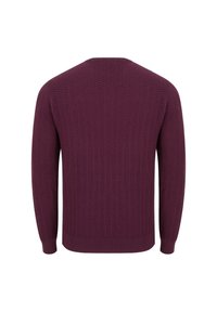 Burgundowy sweter z dzianiny o teksturowanym wzorze w zygzak, z długimi rękawami oraz ściągaczami w pasie i na mankietach, z klasycznym okrągłym dekoltem.