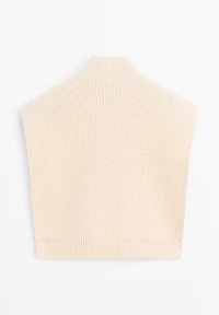 Knit crop top in soft beige with a high collar, ribbed texture, and wide arm openings, designed for a fitted silhouette.