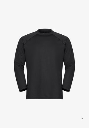 Schwarzes Langarmshirt mit Raglanärmeln, rundem Hals, weichem Textil und einem glatten, einheitlichen Stoff. Keine sichtbaren Muster oder Akzente.