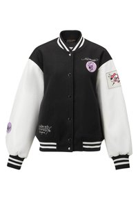 Black and white varsity jacket with leather sleeves, embroidered patches, ribbed cuffs, and a snap button closure. Features purple accents.