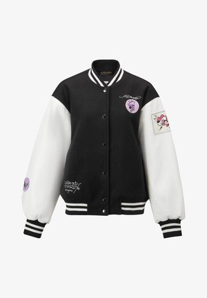 Black and white varsity jacket with leather sleeves, embroidered patches, ribbed cuffs, and a snap button closure. Features purple accents.